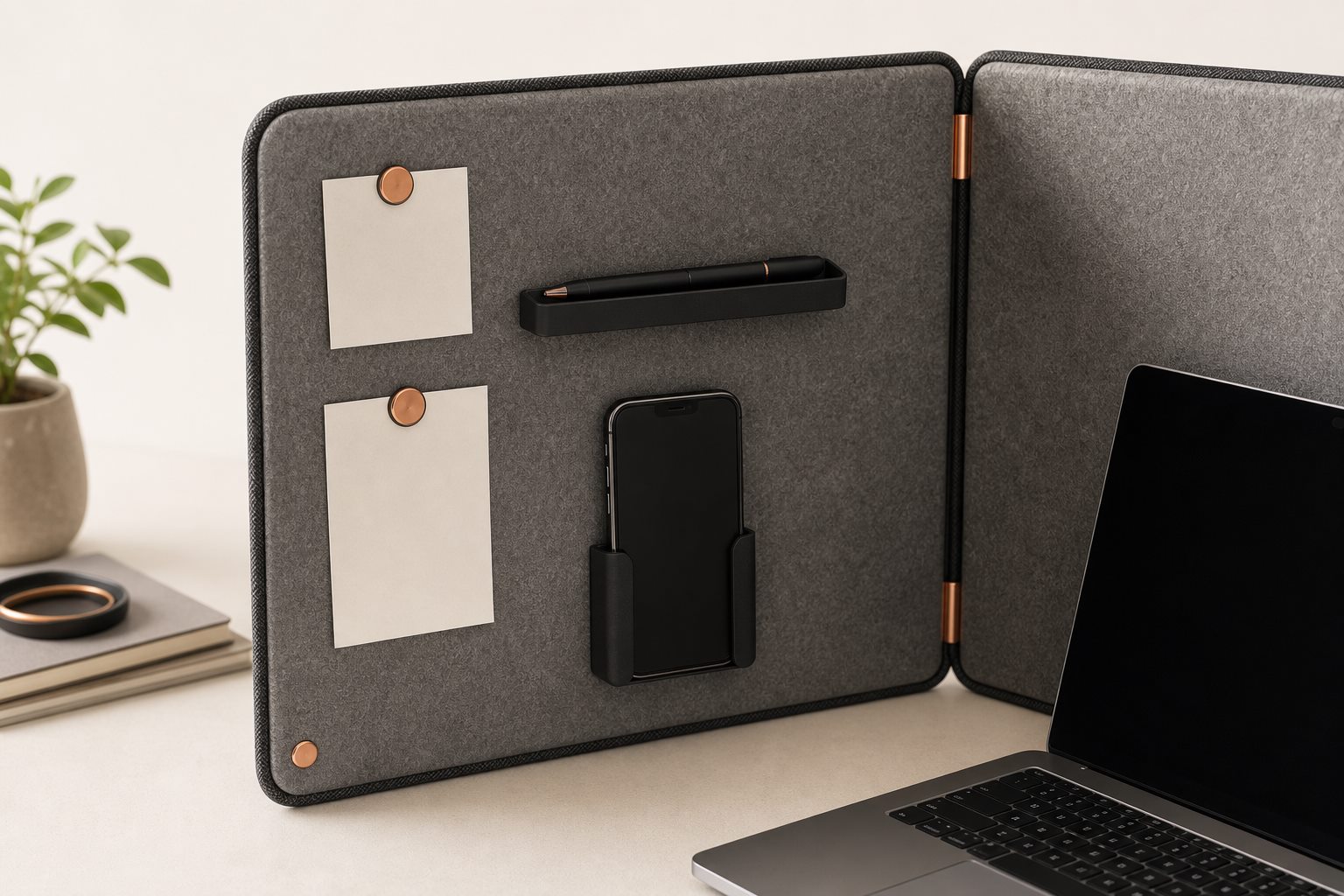 Z.O.N.E acoustic panel with magnetic note clips, pen tray, and phone stand accessories attached