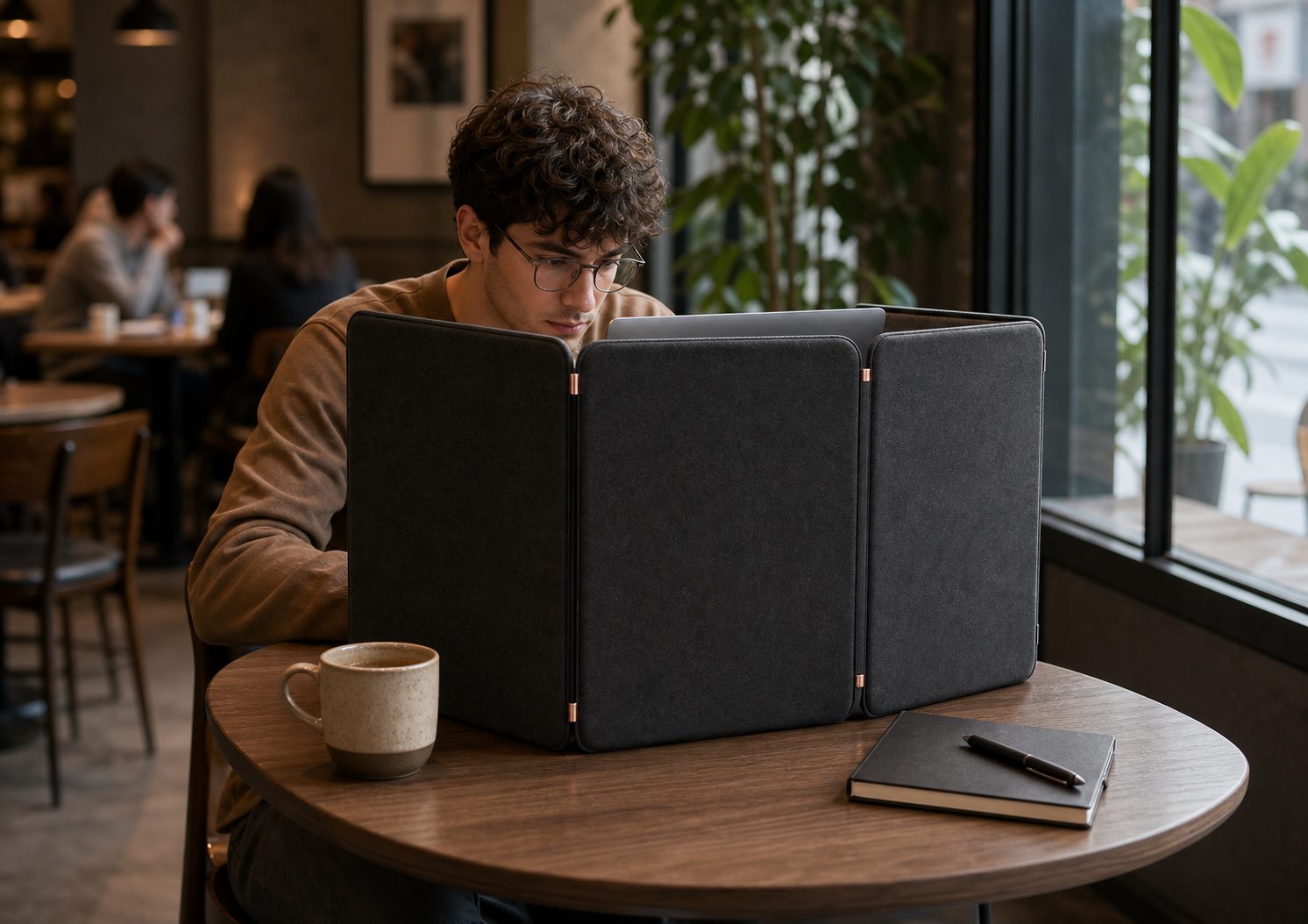 Freelancer using a three-panel Z.O.N.E enclosure on a cafe table as a portable focus zone
