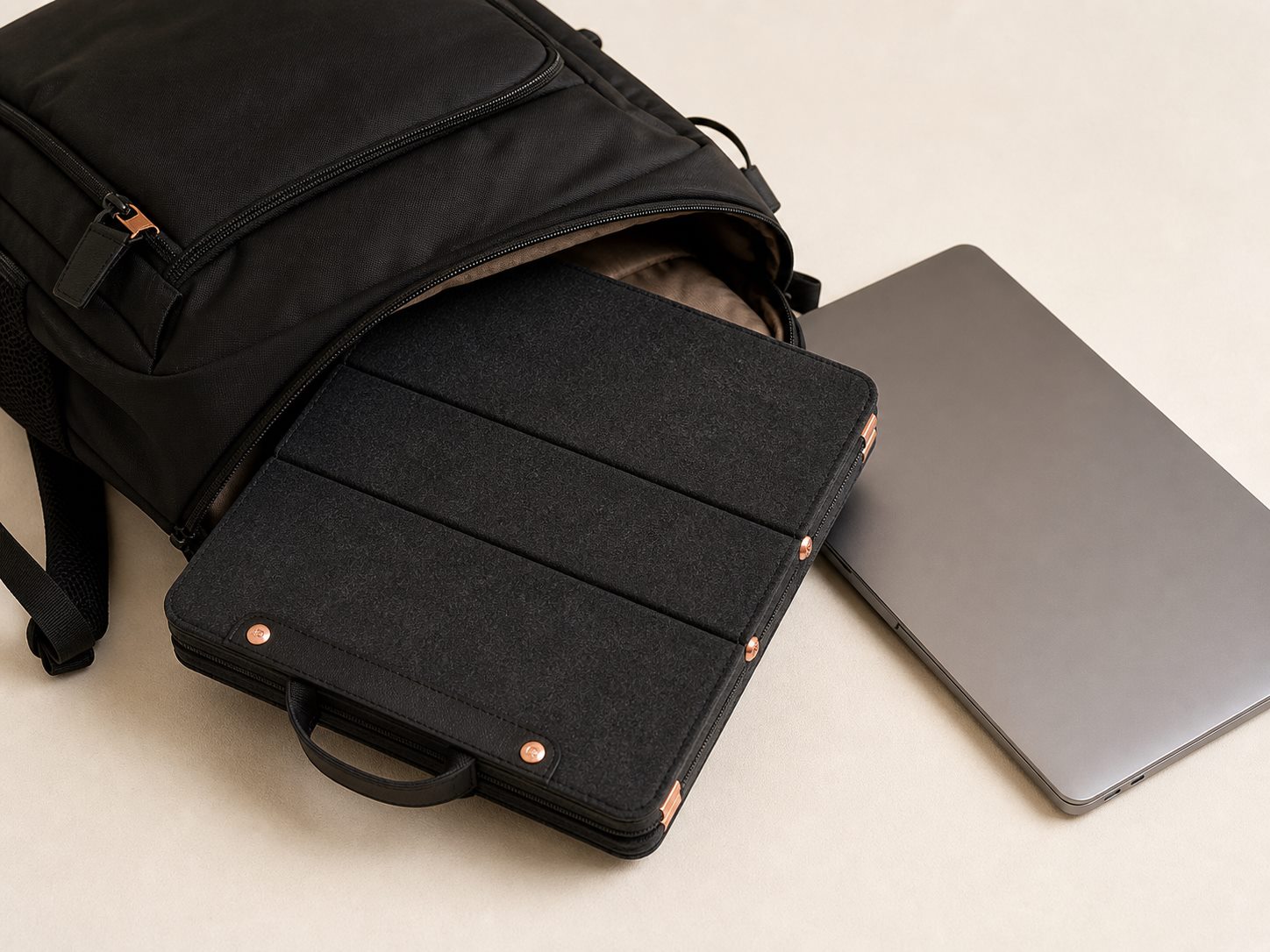 Folded Z.O.N.E acoustic enclosure sliding into a backpack beside a laptop