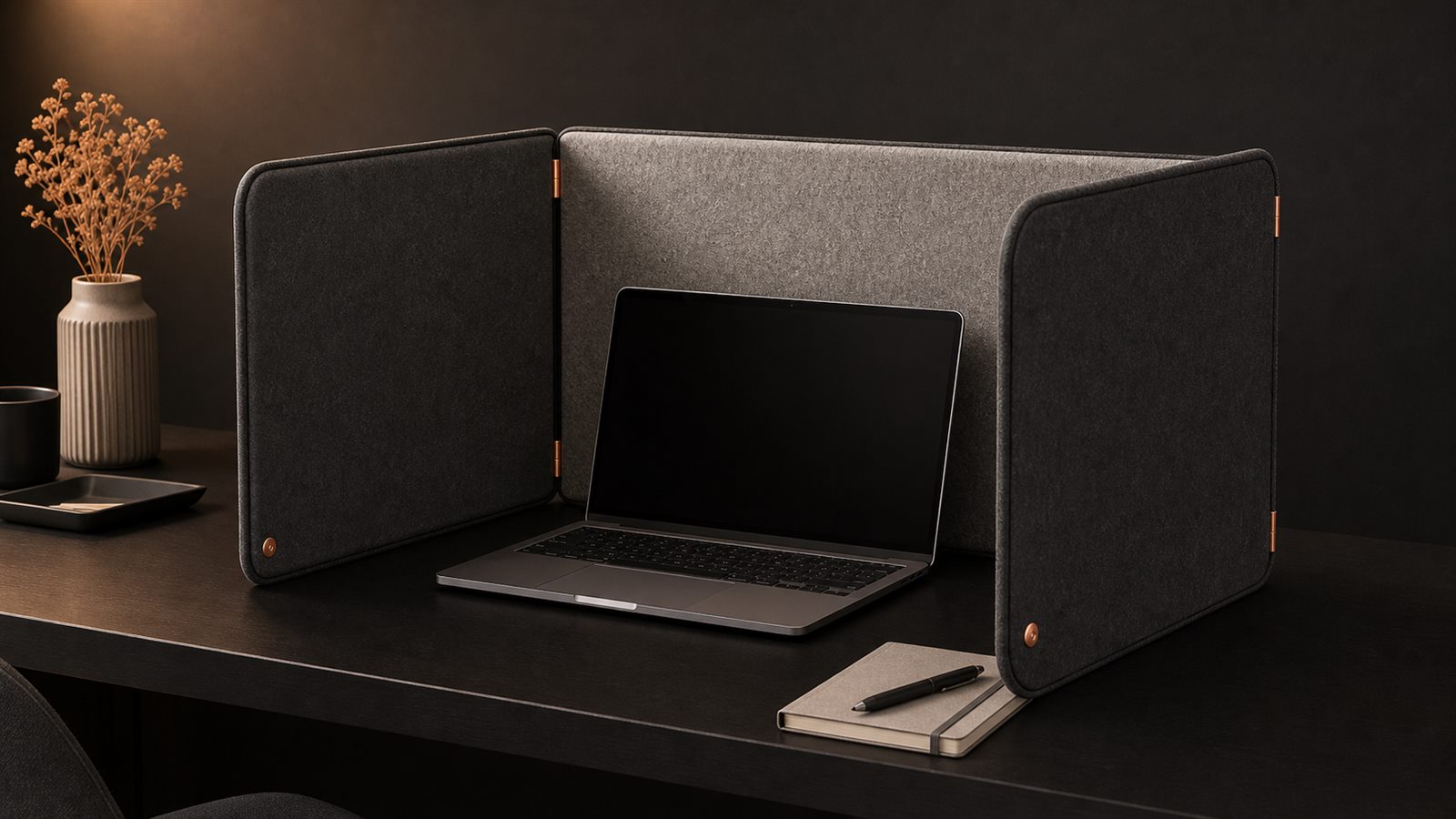 Z.O.N.E tri-fold acoustic enclosure expanded on a desk around a laptop