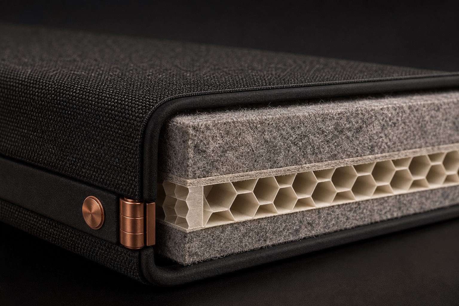 Close-up of Z.O.N.E acoustic felt, honeycomb core, fabric exterior, and copper hinge detail