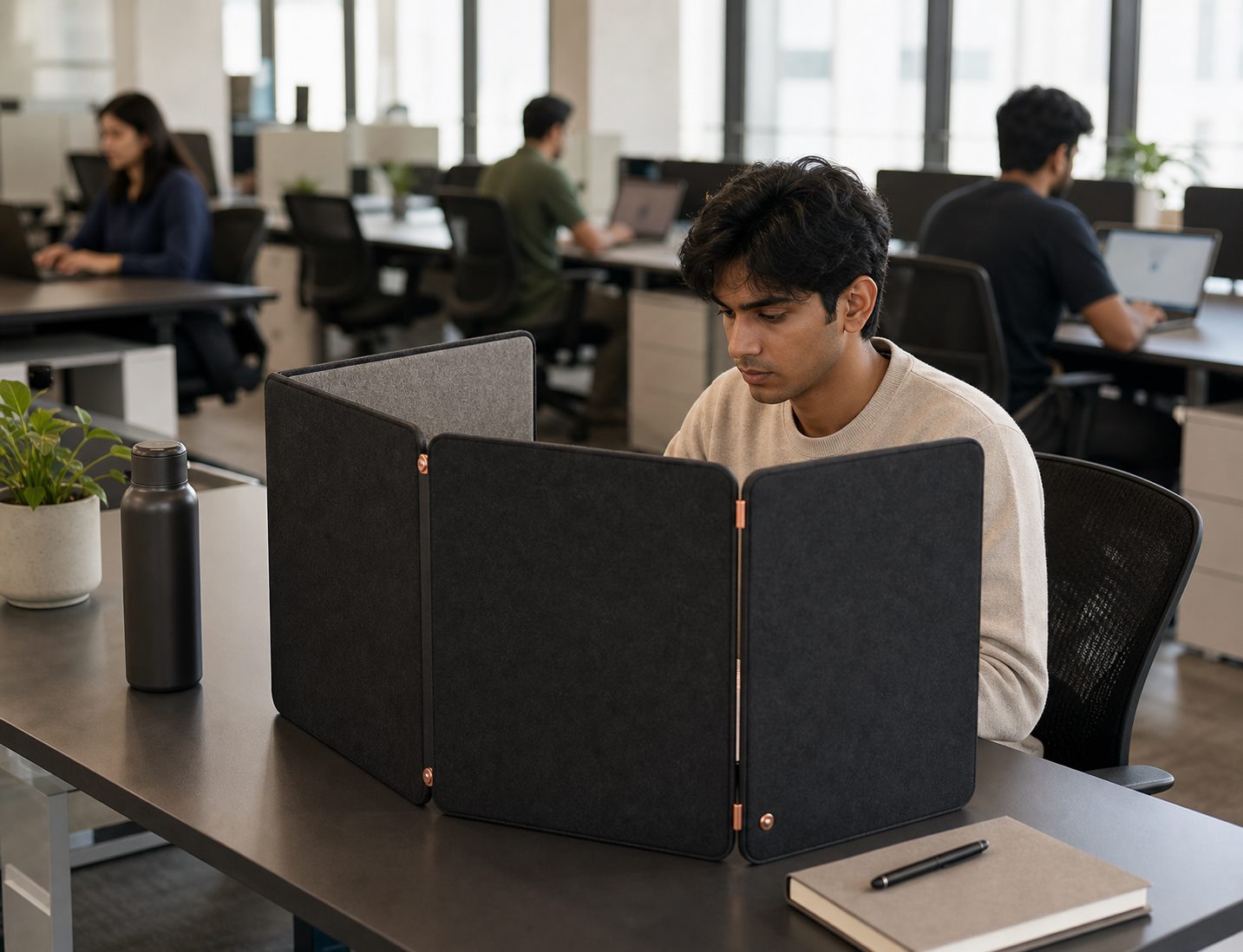 Employee using a three-panel Z.O.N.E enclosure at a shared desk in an open office workspace