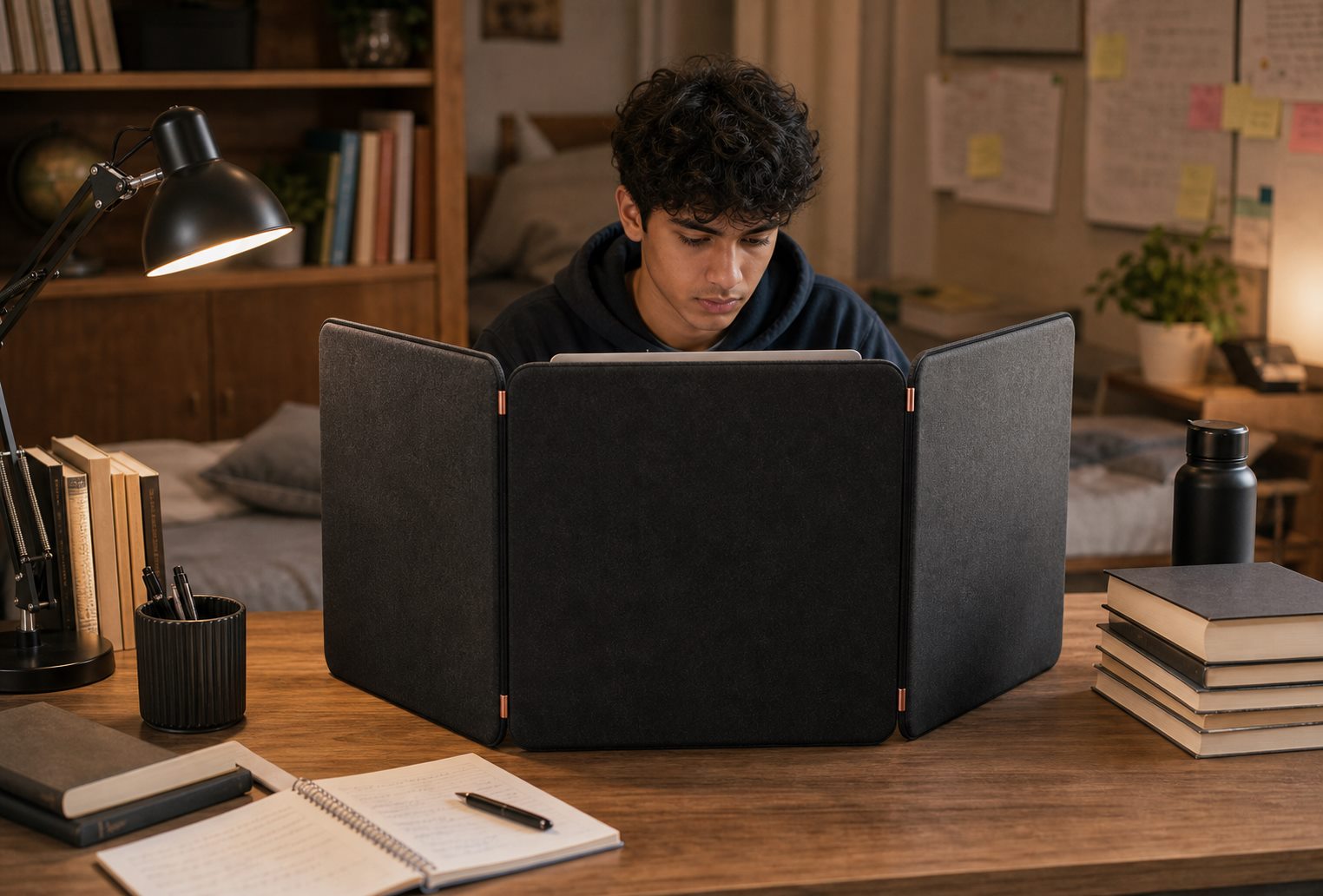 Student studying behind a three-panel Z.O.N.E acoustic enclosure at a focused study desk with books and notes nearby