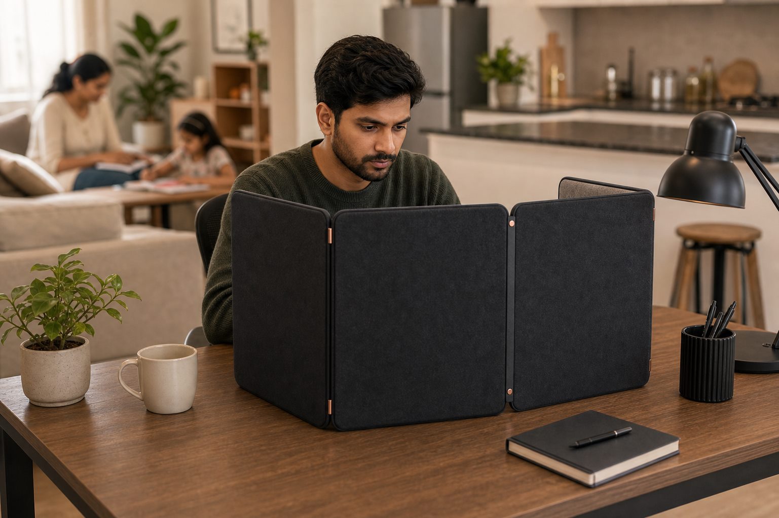 Person focused at a home desk while working behind a three-panel Z.O.N.E acoustic enclosure